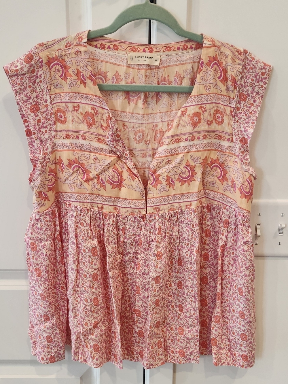 Lucky Brand Pink Floral Paisley Split-Neck Cap Sleeve Top